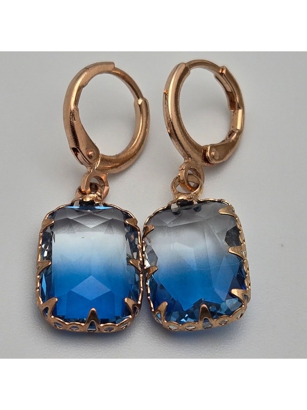 Ocean Blue Crystal Dangle Earrings Square Cut Gold Tone NEW